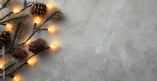 Christmas Lights and Pine Cones on a Gray Background.