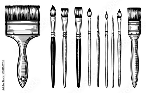 Set of various artistic paint brushes in hand drawn vintage engraving style