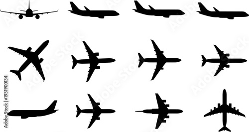 Black silhouette collection of commercial passenger airplanes and jet aircraft in various flight positions and angles isolated on white background for aviation travel design