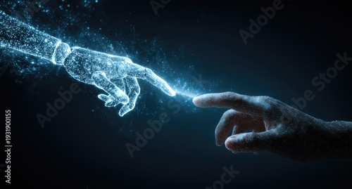 Human and AI Hand Touching Digital Connection.