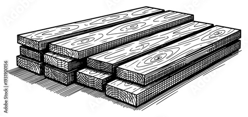 Vintage hand drawn engraving of stacked wooden planks and construction lumber boards