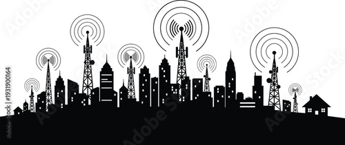 Black and white cityscape with cell towers and radio waves skyline buildings houses