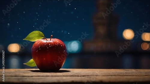 red apple fruit with mosque silhouette night background, ramadan kareem concept photography, islamic spiritual atmosphere, crescent moon sky, fresh organic apple macro detail, dramatic night lighting,