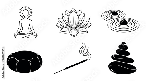 Minimalist set of black and white icons for meditation and yoga, featuring a person in lotus pose, a lotus flower, balanced stones, incense, a zafu cushion, and a zen garden