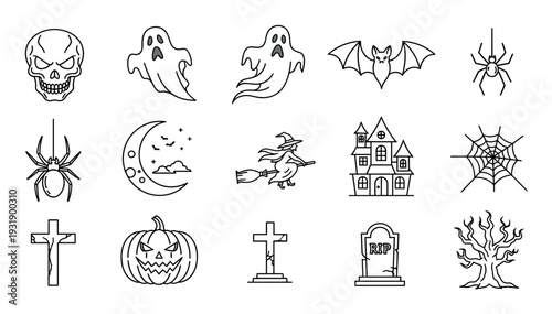 Collection of Halloween themed line icons featuring a skull, ghost, bat, spider, pumpkin, and haunted house for festive, spooky holiday designs and decorations