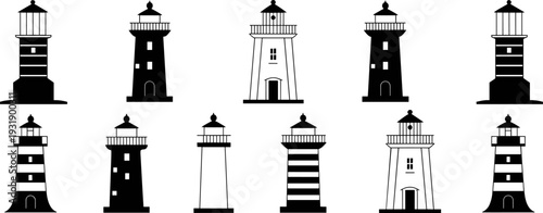 Black and white silhouette collection of various traditional lighthouses with different stripes and architectural designs isolated on white background for maritime and coastal navigation