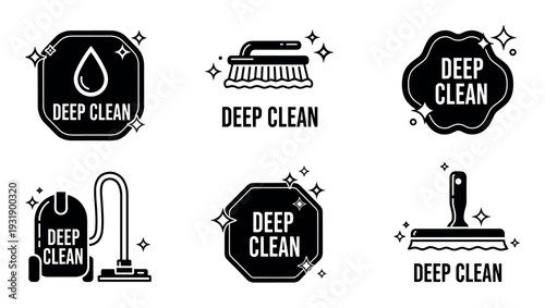 Six black and white deep clean icons representing various cleaning services and tools like a vacuum cleaner, brush, and squeegee in a simple graphic pictogram style