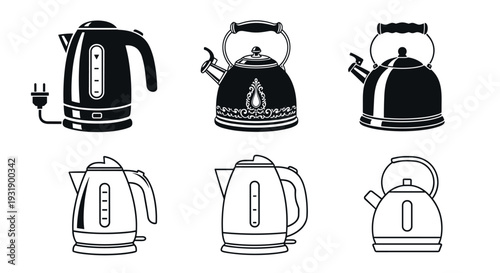 Collection of six black kettle illustrations showing various designs, including modern electric and classic stovetop models, presented in both silhouette and line art vector styles