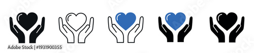 Set of five minimalist icons showing hands holding a heart, representing concepts of love, charity, health, and support in various graphic styles like glyph and outline