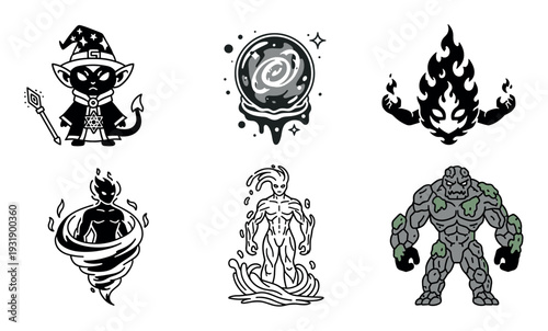 Set of six fantasy character illustrations featuring a wizard, crystal ball, and elemental creatures of fire, air, water, and earth in a bold, graphic cartoon style
