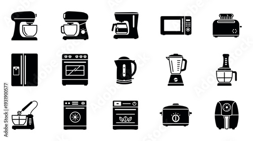 Collection of black kitchen appliance icons including a mixer, refrigerator, oven, toaster, and blender in a minimalist glyph style for graphic design and web elements