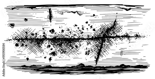 Detailed hand drawn engraving of a horizontal grunge texture with deep cracks and dirt