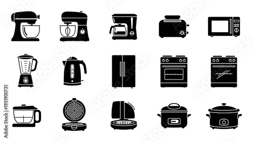 Set of black kitchen appliance icons in a minimalist glyph style showing various household cooking and food preparation equipment like a mixer, blender, oven, and toaster