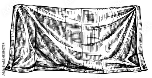 Heavy duty tarp or waterproof cover fabric with folds in vintage hand drawn engraving style