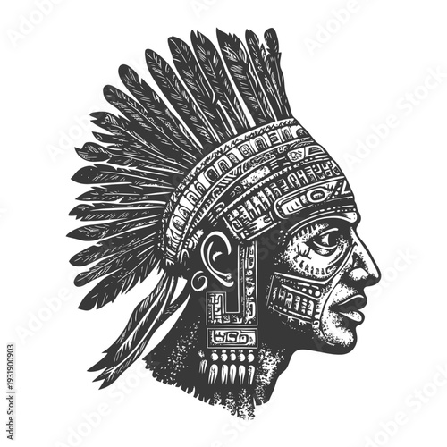 Profile of Indigenous Person with Elaborate Headwear and Facial Designs