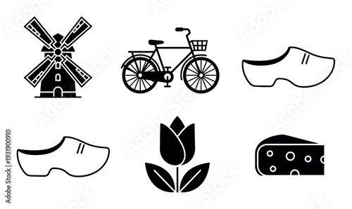 Collection of six black cultural icons including a traditional windmill, a bicycle with a basket, wooden clogs, a tulip flower, and a wedge of cheese, arranged as a graphic set