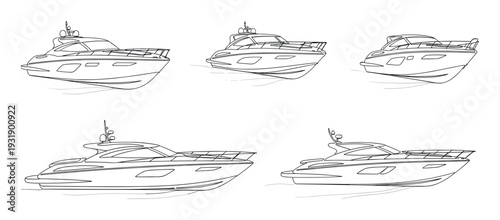 Set of five luxury motor yacht illustrations showing different angles in a clean, black and white line art style for a minimalist and modern design concept