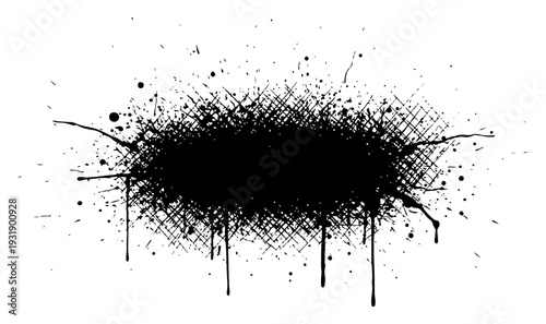 Large dark ink splatter with cross hatched texture and paint drips in hand drawn grunge style