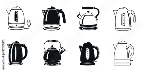Eight different kettle icons in a monochrome vector set, featuring modern electric and traditional stovetop designs presented as simple silhouettes and outline illustrations