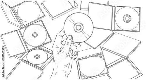Hand holding a blank compact disc over a pile of open and closed plastic jewel cases in a minimalist black and white line drawing with a top-down point of view