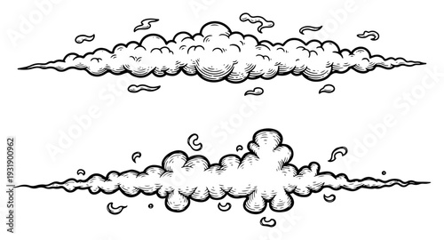 Set of two horizontal fluffy clouds in classic hand drawn vintage engraving style
