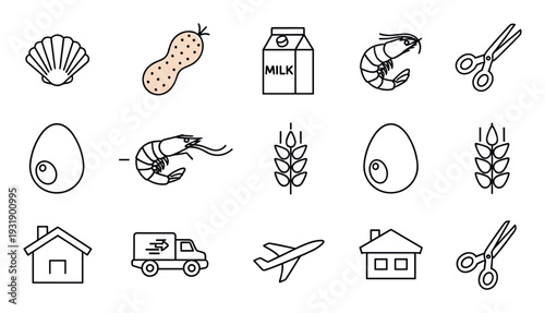 Collection of minimalist line art icons featuring common food allergens and logistics symbols in a simple, clean black and white design with some color accents