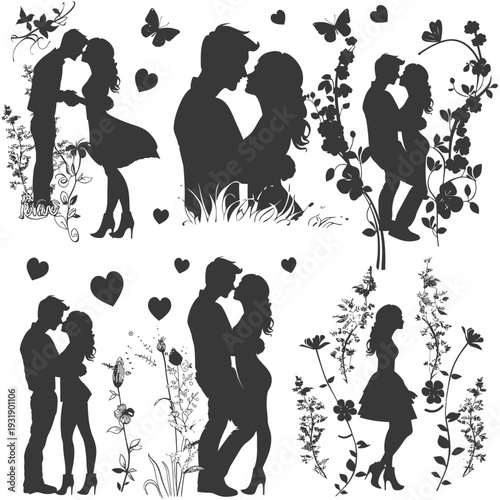 Romantic Silhouettes of Couples Embracing Amidst Floral Designs