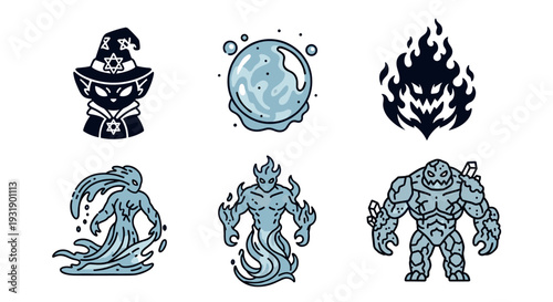 Set of six fantasy character icons featuring a wizard cat, elemental monsters, and magical orbs for a role-playing game in a bold, clean line art illustration style