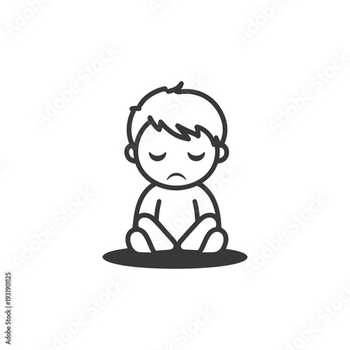 Sad Cartoon Boy Sitting with Legs Crossed