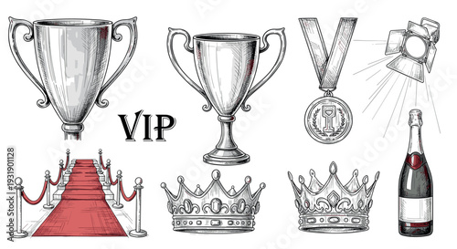 Detailed sketch illustration set of award ceremony elements featuring silver trophies, crowns, a medal, red carpet, spotlight, and champagne bottle