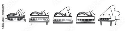 Set of five minimalist piano illustrations showing a creative evolution of form with stylized sound waves, drawn in a simple black and white line art vector style for musical concepts