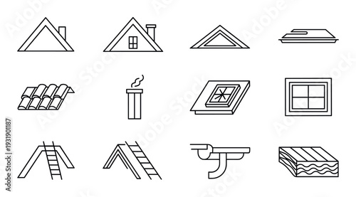 Set of roof construction line icons showing various house elements like gables, chimneys, windows, tiles, and gutters in a minimalist vector style for architectural projects
