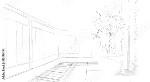Architectural sketch of a minimalist interior space featuring a clean hallway with a decorative tree, rendered in a hand-drawn, conceptual line art style with a strong perspective