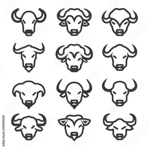 Set of 12 Bull and Buffalo Heads in Line Art Style