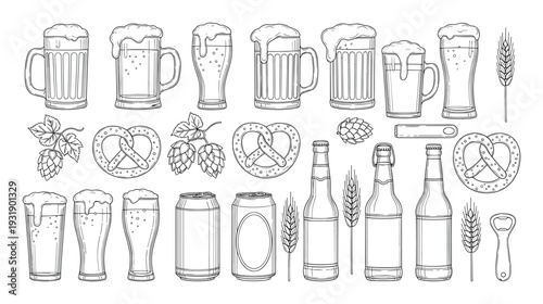 Set of beer and snack illustrations featuring various mugs, glasses, bottles, cans, pretzels, hops, and wheat in a detailed black and white line art sketch style for brewery menus