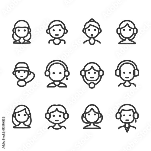 Set of 12 Customer Support Avatar Icons with Headphones