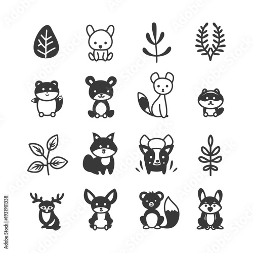 Set of 12 Cute Cartoon Animals and Plants Icons