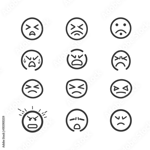 Set of 12 Hand Drawn Angry Emojis in Black and White