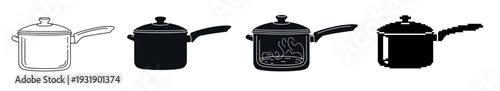 Cooking pot icon set in four different styles including line art, solid black silhouette, glyph with steam, and pixel art for graphic design elements and web pictograms