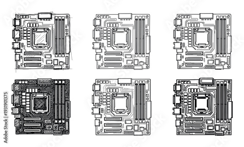 Set of six computer motherboard illustrations in a hand-drawn sketch style showing the electronic circuit board with its components like CPU socket and memory slots