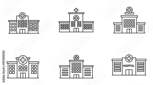 Six hospital building line art icons in a minimalist style showing various medical clinic facades with a cross symbol for healthcare and emergency services concepts