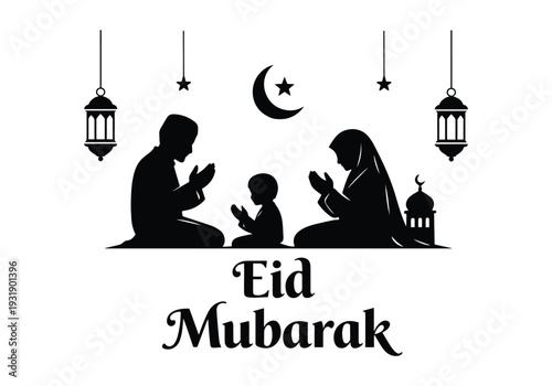 Black and white silhouette of a Muslim family praying with Eid Mubarak text isolated on white background