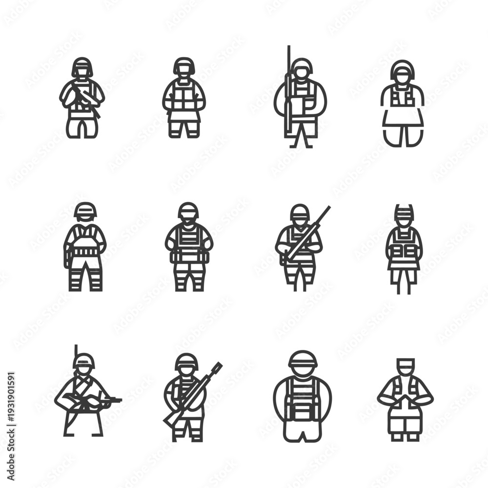 Obraz premium Set of 12 Military Soldiers Line Icons