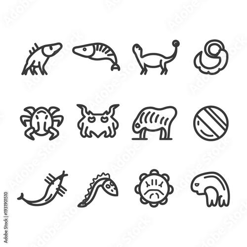 Set of 12 Line Icons of Extinct Animals