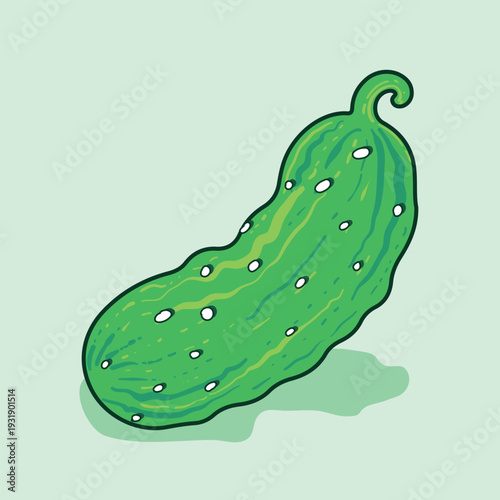 Green pickle illustration with bumps and light green stem isolated on pale green background