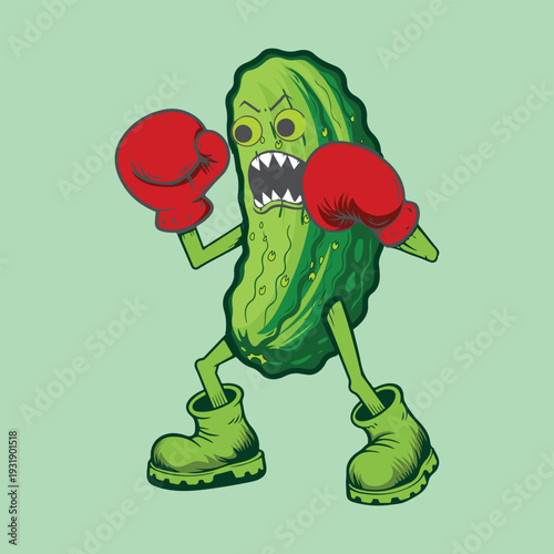 Angry pickle character wearing red boxing gloves and green boots in aggressive sports pose