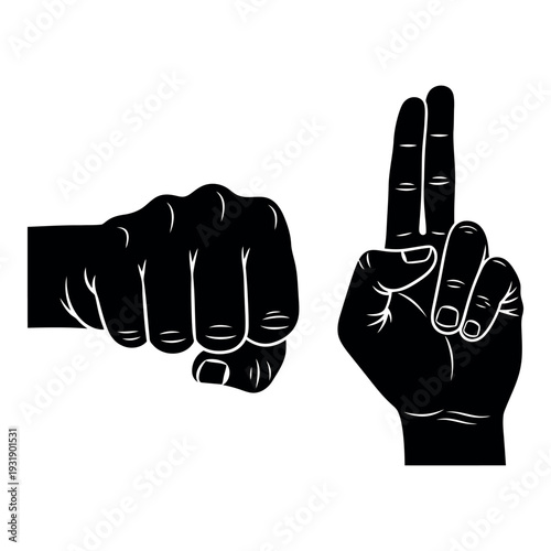 Black vector illustration of a clenched fist and a hand with two fingers up