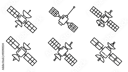 Six different space satellite line art icons showing various orbital spacecraft with solar arrays and dishes, drawn in a simple and clean graphic vector illustration style