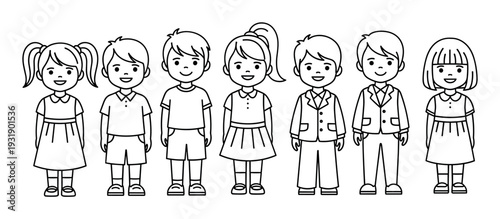 Group of happy cartoon children standing in a row, a simple black and white line art illustration of smiling boys and girls in various outfits for a coloring page