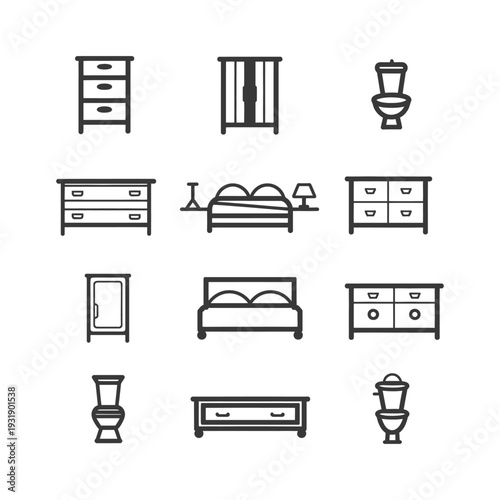 Set of 12 Line Icons Representing Interior Furniture and Bathroom Fixtures